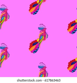 Beautiful colorful rooster. Endless pattern. Background Fantastic Beasts.