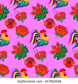 Beautiful colorful rooster. Endless pattern. Background Fantastic Beasts.