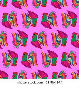 Beautiful colorful rooster. Endless pattern. Background Fantastic Beasts.