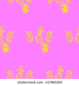 Beautiful colorful rooster. Endless pattern. Background Fantastic Beasts.