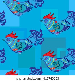 Beautiful colorful rooster. Endless pattern. Background Fantastic Beasts.