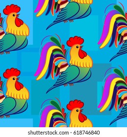 Beautiful colorful rooster. Endless pattern. Background Fantastic Beasts.