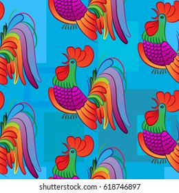 Beautiful colorful rooster. Endless pattern. Background Fantastic Beasts.