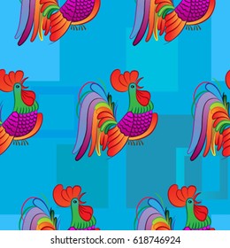 Beautiful colorful rooster. Endless pattern. Background Fantastic Beasts.