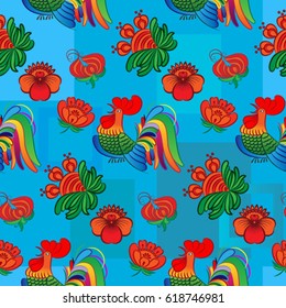 Beautiful colorful rooster. Endless pattern. Background Fantastic Beasts.