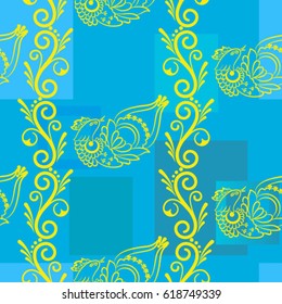 Beautiful colorful rooster. Endless pattern. Background Fantastic Beasts.