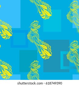 Beautiful colorful rooster. Endless pattern. Background Fantastic Beasts.