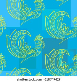 Beautiful colorful rooster. Endless pattern. Background Fantastic Beasts.