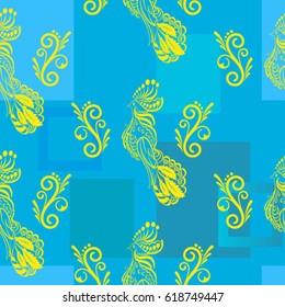 Beautiful colorful rooster. Endless pattern. Background Fantastic Beasts.