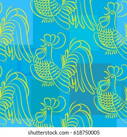Beautiful colorful rooster. Endless pattern. Background Fantastic Beasts.