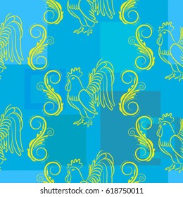 Beautiful colorful rooster. Endless pattern. Background Fantastic Beasts.