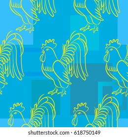 Beautiful colorful rooster. Endless pattern. Background Fantastic Beasts.