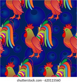 Beautiful colorful rooster. Endless pattern. Background Fantastic Beasts.