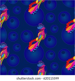 Beautiful colorful rooster. Endless pattern. Background Fantastic Beasts.