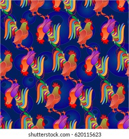 Beautiful colorful rooster. Endless pattern. Background Fantastic Beasts.