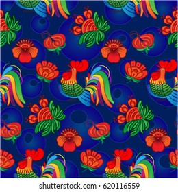 Beautiful colorful rooster. Endless pattern. Background Fantastic Beasts.