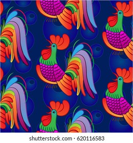 Beautiful colorful rooster. Endless pattern. Background Fantastic Beasts.