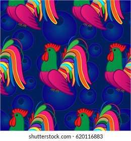 Beautiful colorful rooster. Endless pattern. Background Fantastic Beasts.
