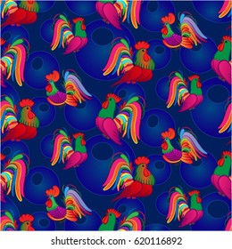 Beautiful colorful rooster. Endless pattern. Background Fantastic Beasts.