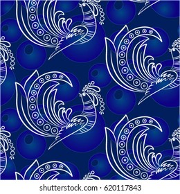 Beautiful colorful rooster. Endless pattern. Background Fantastic Beasts.