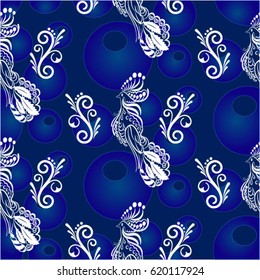 Beautiful colorful rooster. Endless pattern. Background Fantastic Beasts.