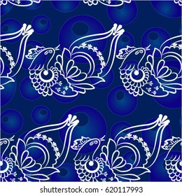 Beautiful colorful rooster. Endless pattern. Background Fantastic Beasts.