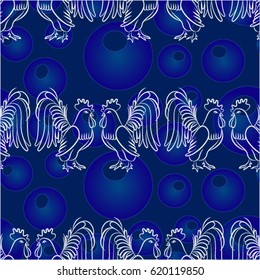 Beautiful colorful rooster. Endless pattern. Background Fantastic Beasts.
