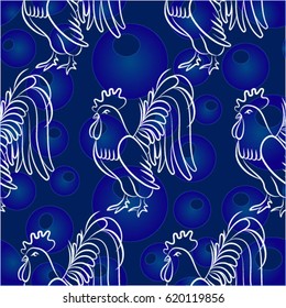 Beautiful colorful rooster. Endless pattern. Background Fantastic Beasts.