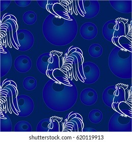 Beautiful colorful rooster. Endless pattern. Background Fantastic Beasts.