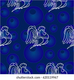 Beautiful colorful rooster. Endless pattern. Background Fantastic Beasts.