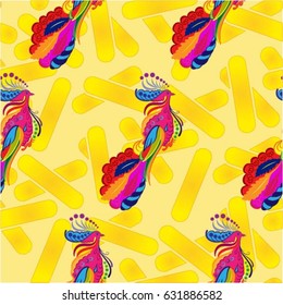 Beautiful colorful rooster. Endless pattern. Background Fantastic Beasts.