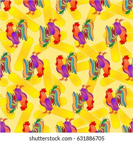 Beautiful colorful rooster. Endless pattern. Background Fantastic Beasts.