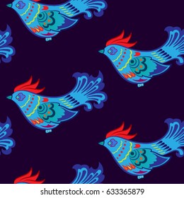 Beautiful colorful rooster. Endless pattern. Background Fantastic Beasts.