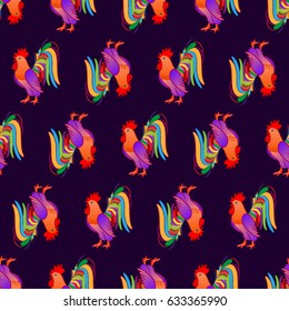 Beautiful colorful rooster. Endless pattern. Background Fantastic Beasts.