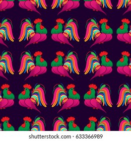 Beautiful colorful rooster. Endless pattern. Background Fantastic Beasts.