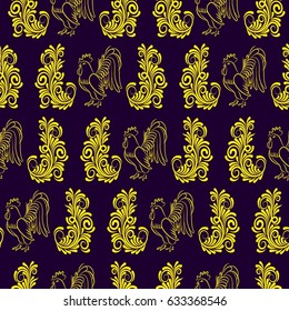 Beautiful colorful rooster. Endless pattern. Background Fantastic Beasts.