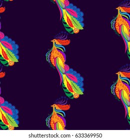 Beautiful colorful rooster. Endless pattern. Background Fantastic Beasts.