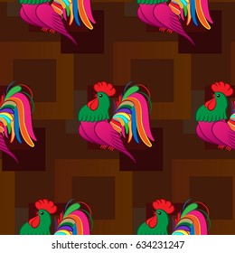 Beautiful colorful rooster. Endless pattern. Background Fantastic Beasts.