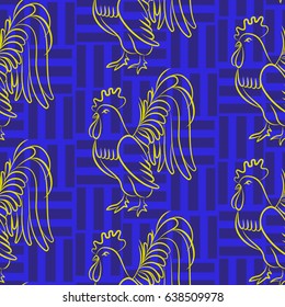 Beautiful colorful rooster. Endless pattern. Background Fantastic Beasts.