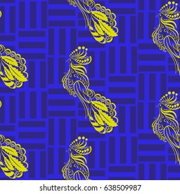 Beautiful colorful rooster. Endless pattern. Background Fantastic Beasts.