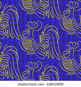 Beautiful colorful rooster. Endless pattern. Background Fantastic Beasts.