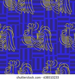Beautiful colorful rooster. Endless pattern. Background Fantastic Beasts.