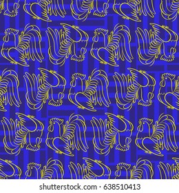 Beautiful colorful rooster. Endless pattern. Background Fantastic Beasts.