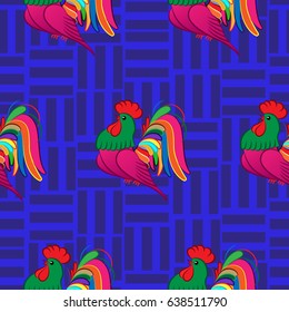 Beautiful colorful rooster. Endless pattern. Background Fantastic Beasts.