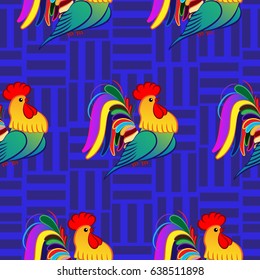 Beautiful colorful rooster. Endless pattern. Background Fantastic Beasts.