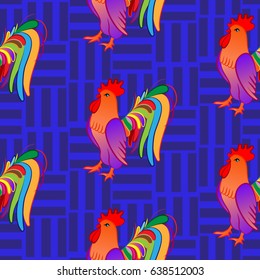 Beautiful colorful rooster. Endless pattern. Background Fantastic Beasts.