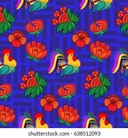 Beautiful colorful rooster. Endless pattern. Background Fantastic Beasts.