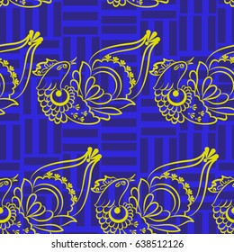 Beautiful colorful rooster. Endless pattern. Background Fantastic Beasts.