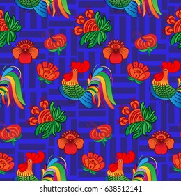 Beautiful colorful rooster. Endless pattern. Background Fantastic Beasts.