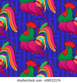 Beautiful colorful rooster. Endless pattern. Background Fantastic Beasts.